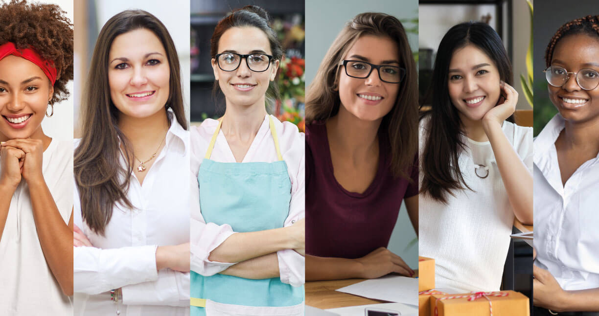 Diversas mujeres en plano medio mirando de frente y sonriendo 